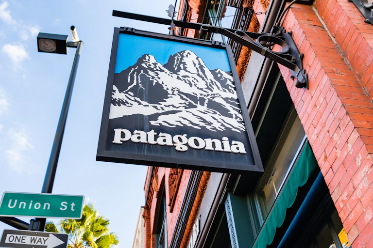 A handing Patagonia store sign
