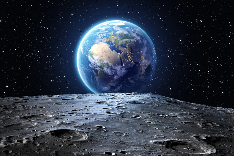 The Earth seen from the moon in space.