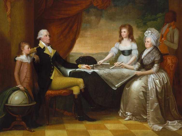 An 18th century family, consisting of a well-dressed boy and girl, and their parents, at a table.