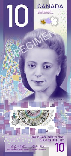 Swathed in purple tones, a photo of the Canadian $10 bill features the image of a Black woman.