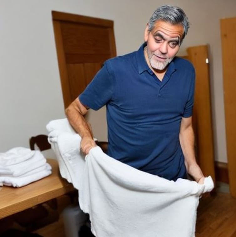 A slightly uncanny image of a man with distorted features holding a white towel