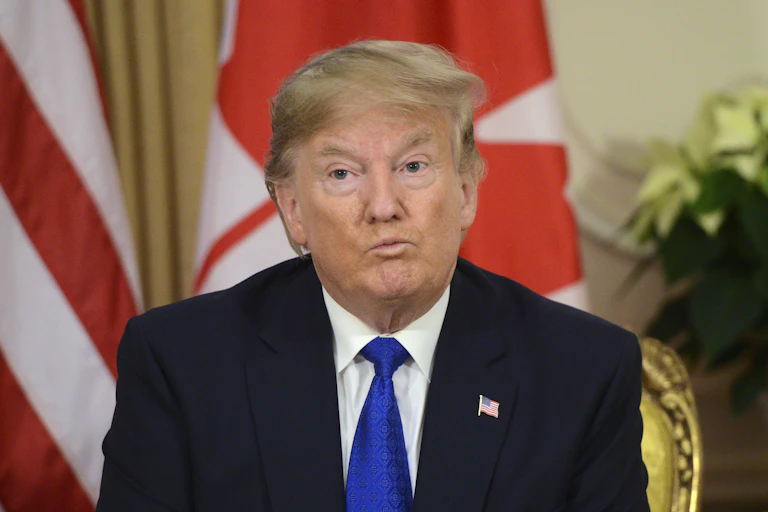 A blond man in a blue suit and tie is shown sitting in a gilded chair with the Canadian flag behind him.
