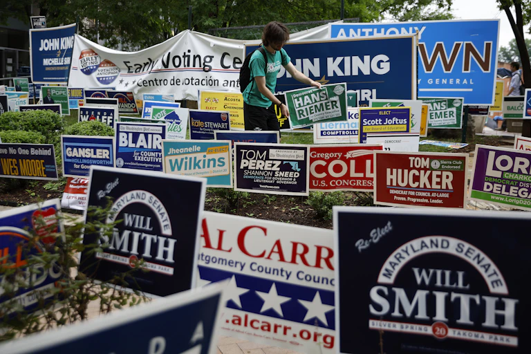 At least two dozen candidate campaign signs stuck in the ground next to a voting place.
