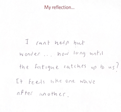 A white card with 'My reflection' printed in red at the top, and a handwritten note reading 'I can't help but wonder...how long until the fatigue catches up to us? I feels like one wave after another.'