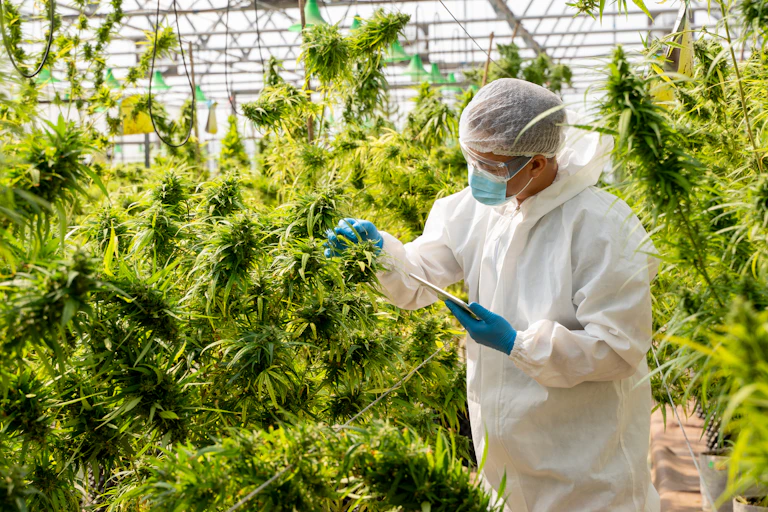 Scientist in white jumpsuit and blue gloves checking cannabis plants in marijuana garden indoor grow area before harvesting for medicinal uses.