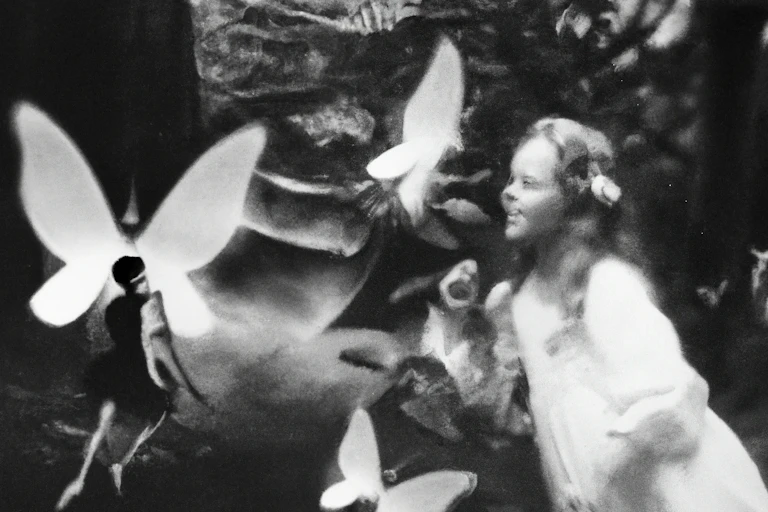 A grayscale pastiche of fairies and fantastical figures surrounding a little girl