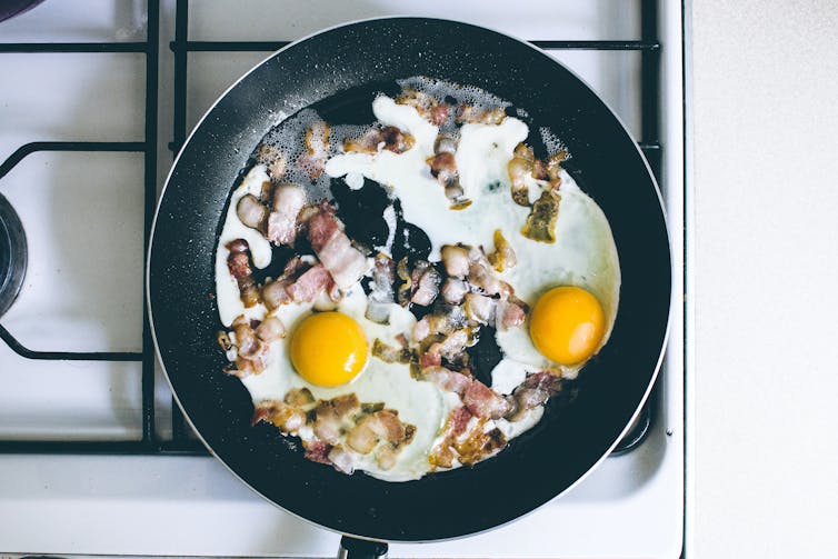 Frypan containing two eggs and bacon bits