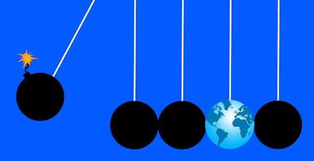 An illustration of a Newton's cradle including a bomb and the Earth.