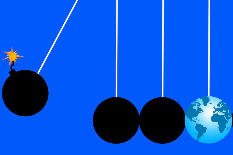 An illustration of a Newton's cradle including a bomb and the Earth.