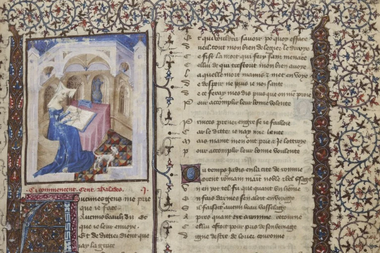 A page of text featuring drawings of a woman and leaves.