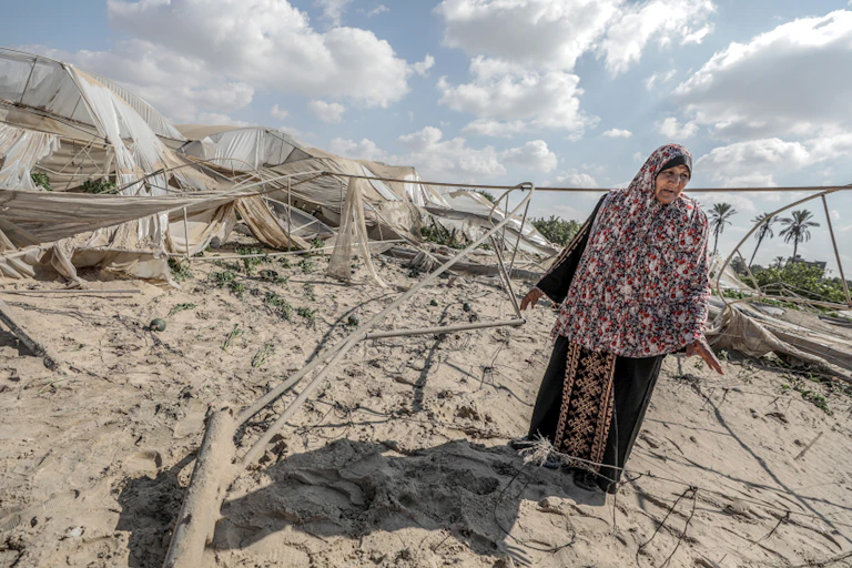Woman stands beside destroyed equipment
