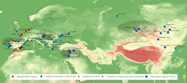 mapa de encuentros de neandertales y sapiens