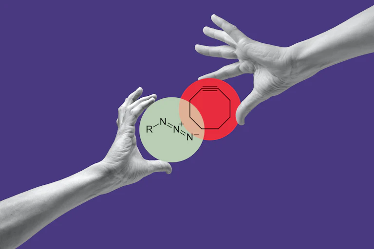 Hands bringing together two colored circles containing an azide and cyclooctyne