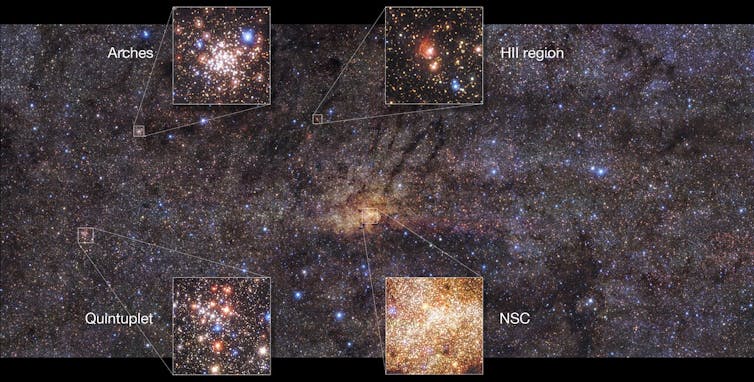  Questa immagine mette in evidenza l'ammasso stellare nucleare (NSC) proprio al centro e l'ammasso Arches, il gruppo di stelle più denso della Via Lattea