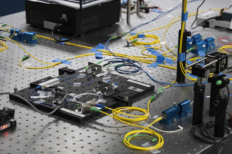 a horizontal pegboard surface with various small devices connected by flexible cables