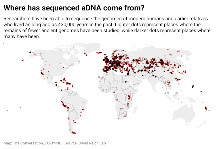 A map of the world with dots representing places where ancient genomes have been studied.