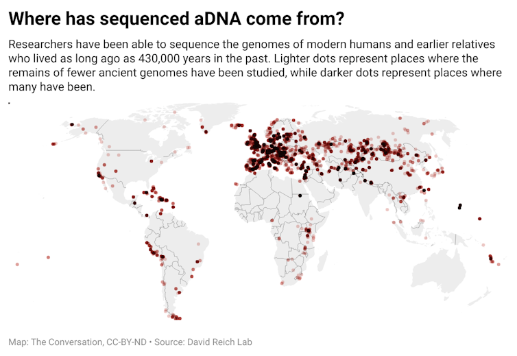 A map of the world with dots representing places where ancient genomes have been studied.