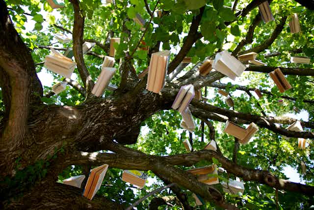 Books hanging in a tree