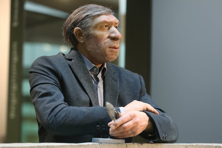 artist's recreation of Neanderthal man wearing a modern business suit