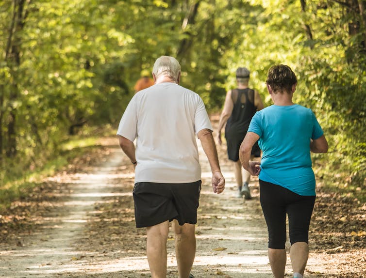 An elderly couple take a walk outdoors.