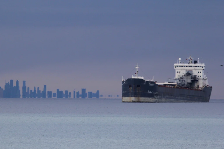 Un bateau navigue sur l'eau avec la ligne d'horizon de Toronto en arrière-plan.