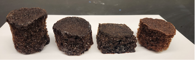 Four chunks of bio-based foam, looking a lot like brownies on a tray.