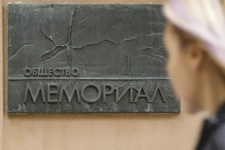 A sign reading 'The society of Memorial' at the human rights organisation's Moscow headquarters