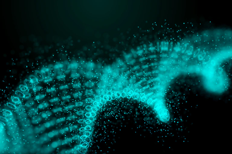An abstract swirl of teal numbers on a black background