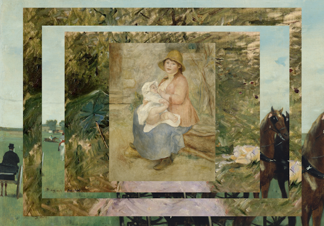 A painting of a woman breastfeeding superimposed on two other paintings. 