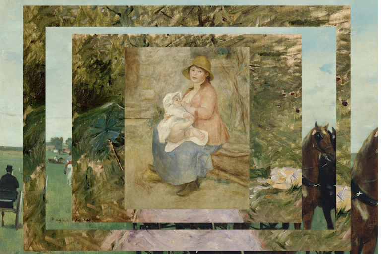 A painting of a woman breastfeeding superimposed on two other paintings.