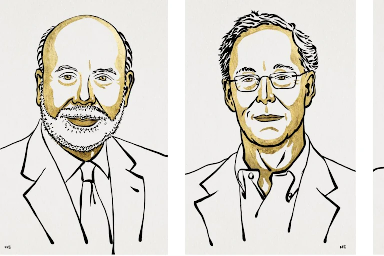 Nobel Foundation's cartoon of the three winners of this year's economics prize, Ben Bernanke, Douglas W Diamond and Philip H Dybvig