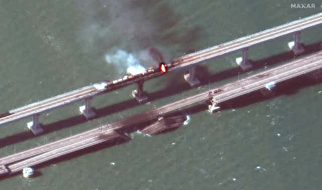 Aerial photo of the Kerch Bridge between Russia and Crimea, after being damaged in an explosion on Saturday October 8.