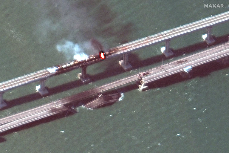 Aerial photo of the Kerch Bridge between Russia and Crimea, after being damaged in an explosion on Saturday October 8.