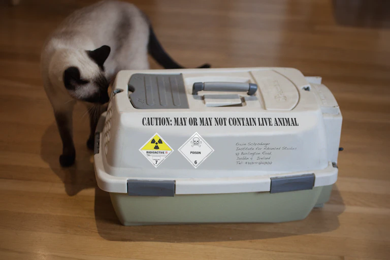 Image of a cat sniffing a container with the label 'caution: may or may not contain live animal'.