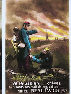 Drawing of a German soldier crouching before a Frenchman.