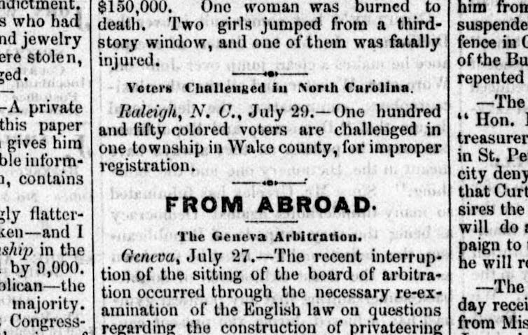 A newspaper clipping with the headline 'Voters challenged in North Carolina' describes challenges to 150 'colored voters' for 'improper registration.'