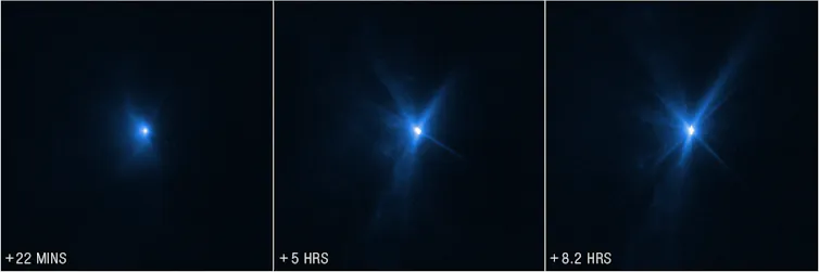 Three images of bright blue point of light with expanding clouds of debris.