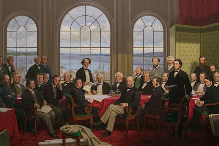 A painting shows a room full of men, some bearded, in bow ties and jackets in a room overlooking a body of water.