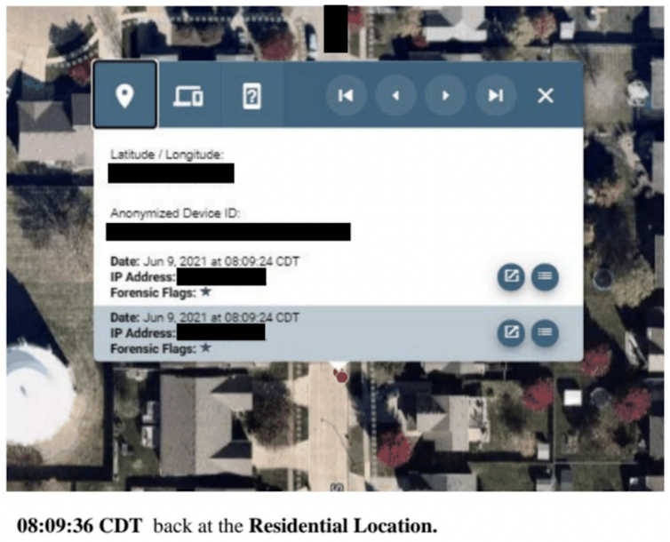 a screenshot showing a text box with a row of icons at the top over a satellite view of a neighborhood