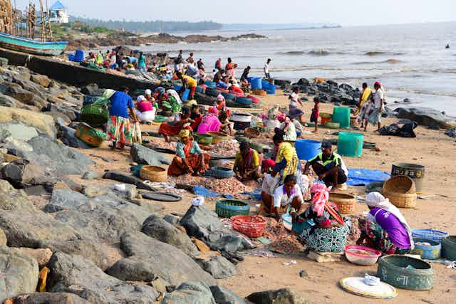 A crowd of people sitting on a beach sorting fish into baskets.