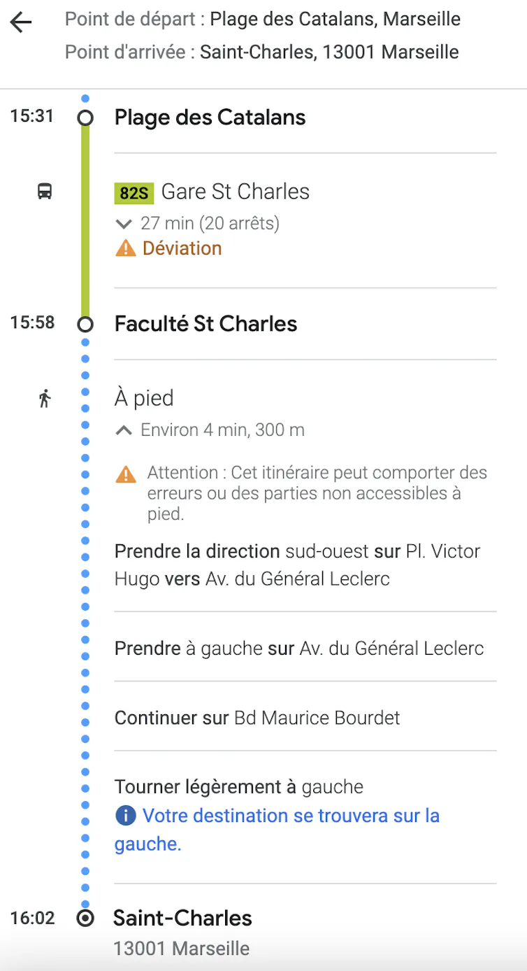 Concernant la section « à pieds » d’un itinéraire il est écrit : Attention. Cet itinéraire peut comporter des erreurs ou des parties non accessibles à pied