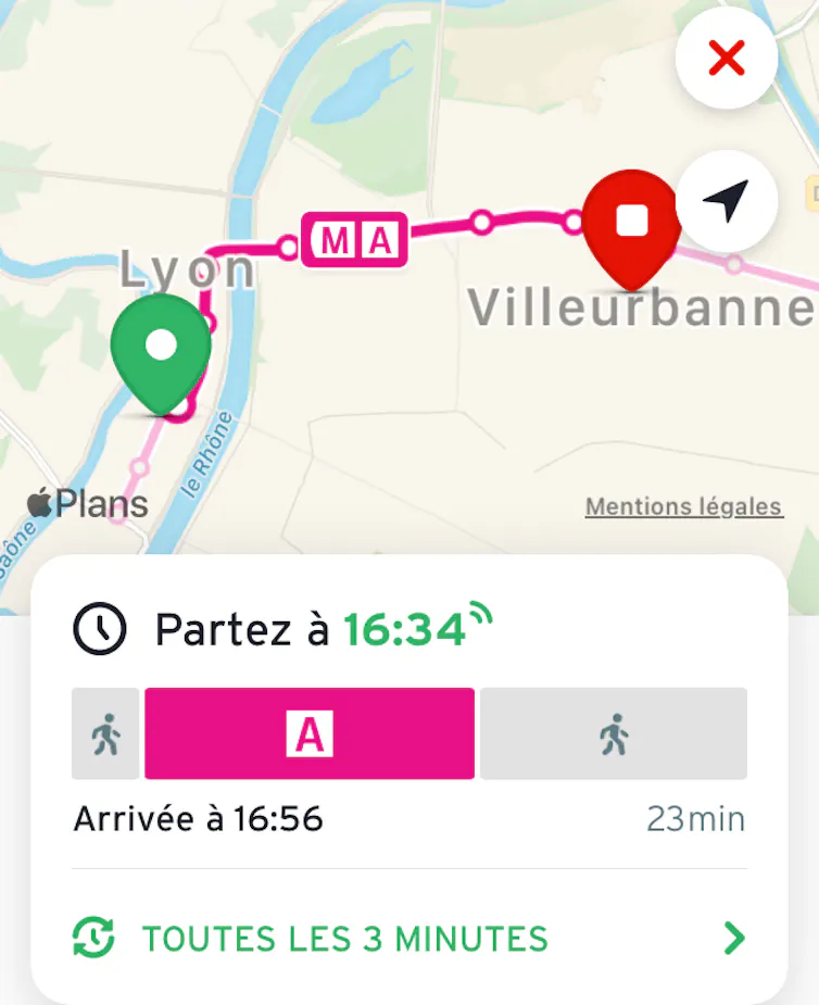 Itinéraire proposé par l’application pour smartphone Transit