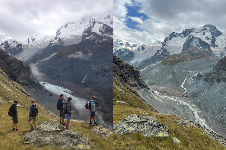 Dos fotos del valle de la montaña con un glaciar más grande y más pequeño.