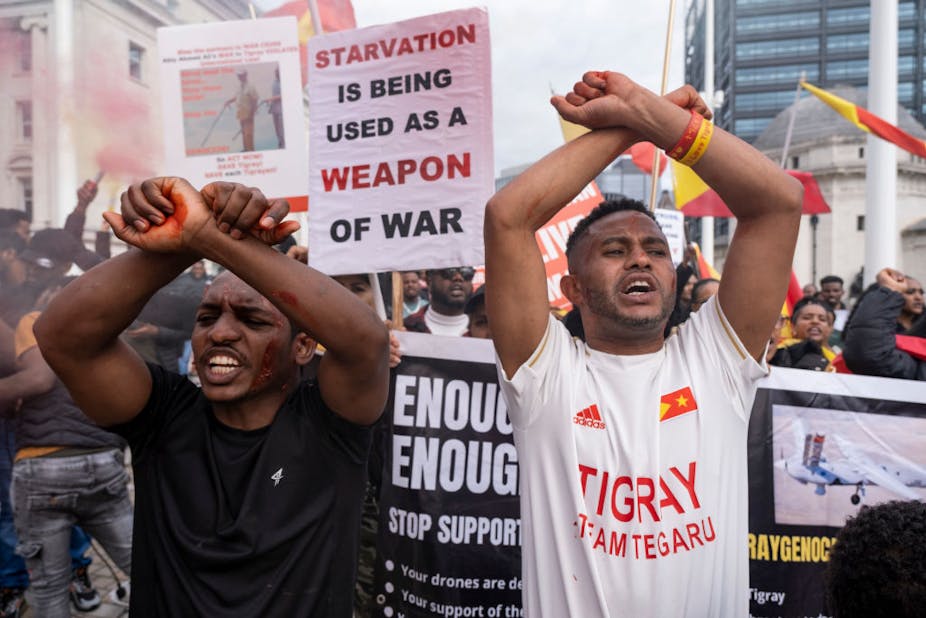 Two men crossing their arms over their heads in protest as a crowd behind them holds up signs, including one written 'Starvation is being used as a weapon of war'.