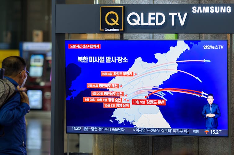 A TV screen shows a map of North Korea with the trajectory of missiles on it.