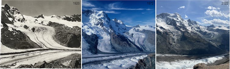 Three photos of mountain range with progressively smaller glacier