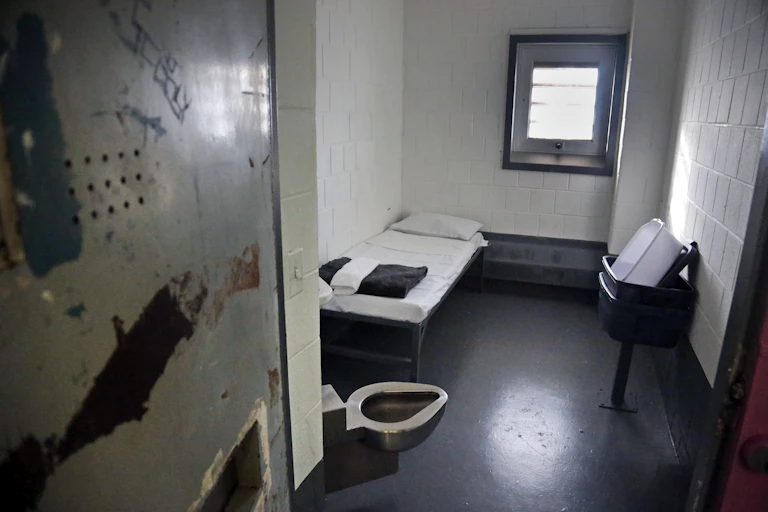 A small room contains a bed, a toilet bowl and a sink.