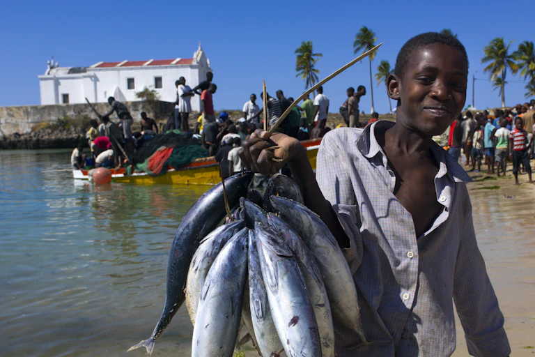 A young man carries fish as fishermen unload a boat in the background on a beach in Mozambique.
