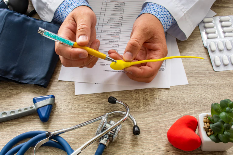 Doctors hands holding a pretend yellow sperm