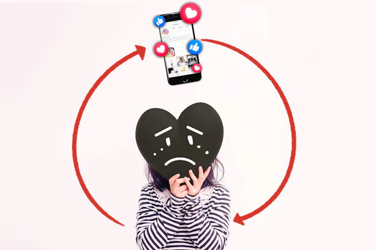 Teenager with an unhappy facemask in a vicious cycle with social media apps on a mobile phone
